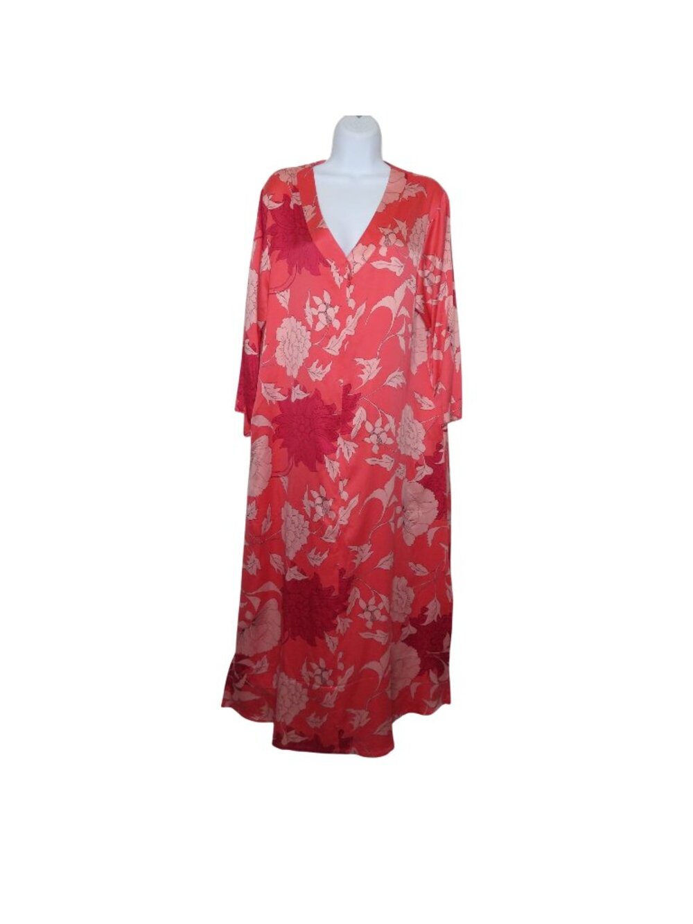 Natori Floral Print V-Neck Long Kaftan Caftan Kimono Gown Pink Red Lounger Small